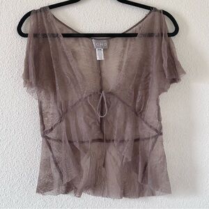 ECHO Women’s Peplum Cardigan S/M Taupe Floral Lace Eyelash Front Tie Dainty Boho